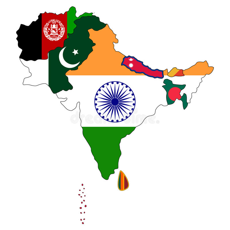 south asia map counties filled national flag